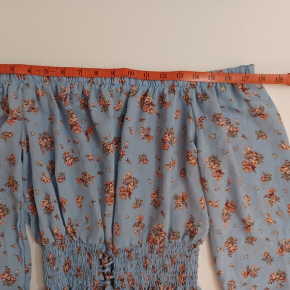 Women's No Comment Blue Floral Daisy Duke Southern Country Off Shoulder Sz Large - Picture 12 of 12